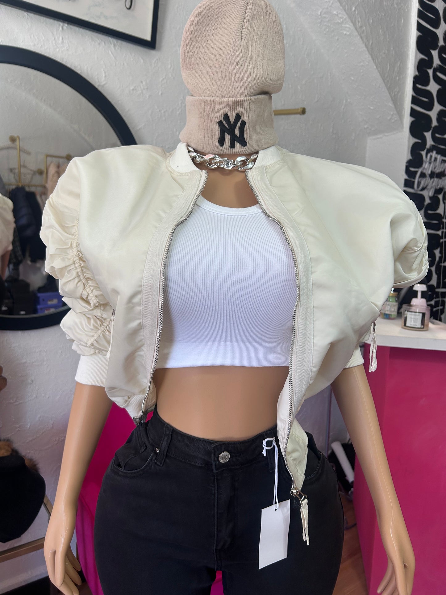 posioned ivory bomber coat